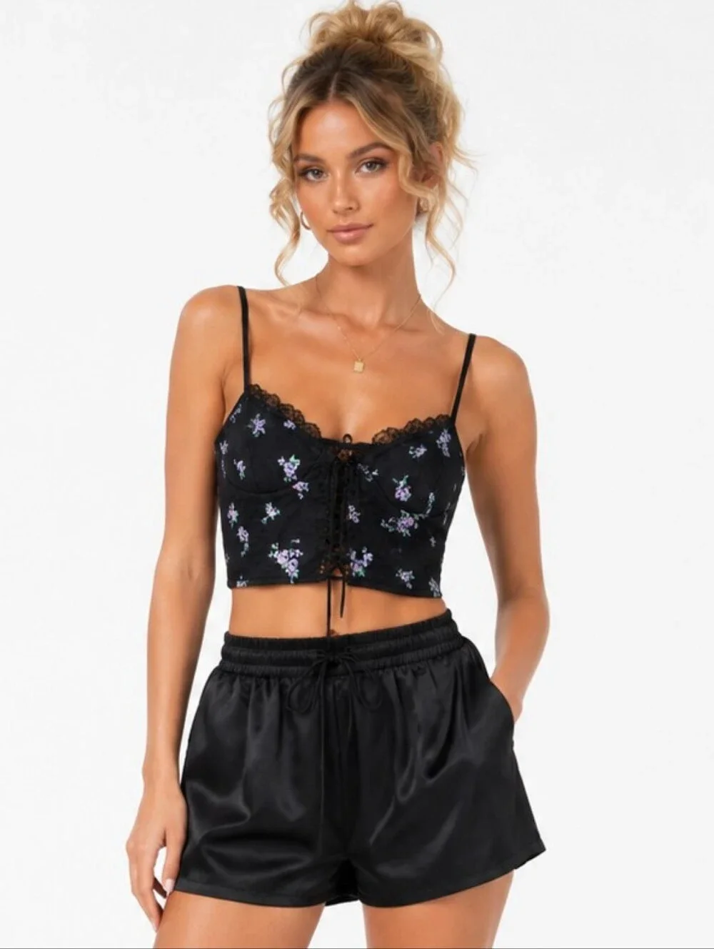 Cider Black Floral Corset Crop Top NWT Y2K Fairy Grunge Lace Cami